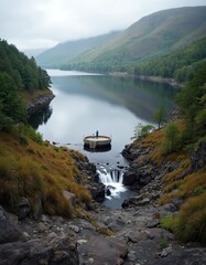 Obraz premium Man stands on circular platform in calm lake water. Small waterfall cascades near rocky shore with green trees. Hilly landscape under cloudy sky.