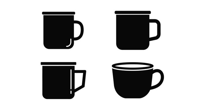 Black silhouette icons of enamel mugs and coffee cups for camping and kitchenware graphic design with beverage