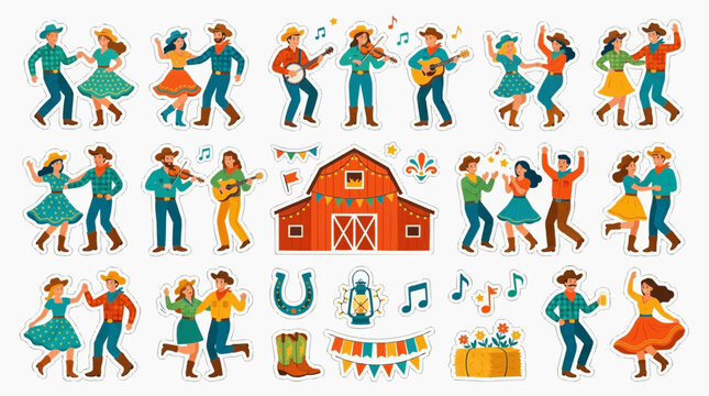 A lively collection of cowboy and cowgirl illustrations dancing, playing music, and celebrating around a red barn, embodying the spirit of country western culture