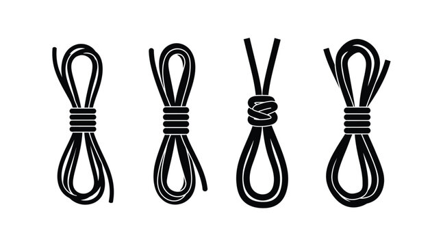 Black silhouette set of knotted rope loops and cord patterns with nautical silhouette security collection