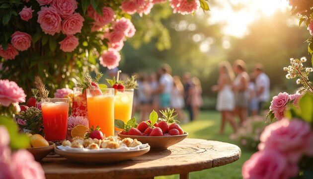 Outdoor party table laden with drinks strawberries and appetisers. Guests mingle in soft focus garden background during sunset. Festive floral decor enhances warm inviting atmosphere.