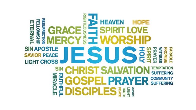 JESUS animated word cloud-text design animation tag kinetic typography seamless loop.