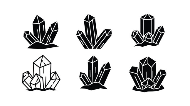 Set of black and white crystal formation graphic elements with gemstone formation treasure precious