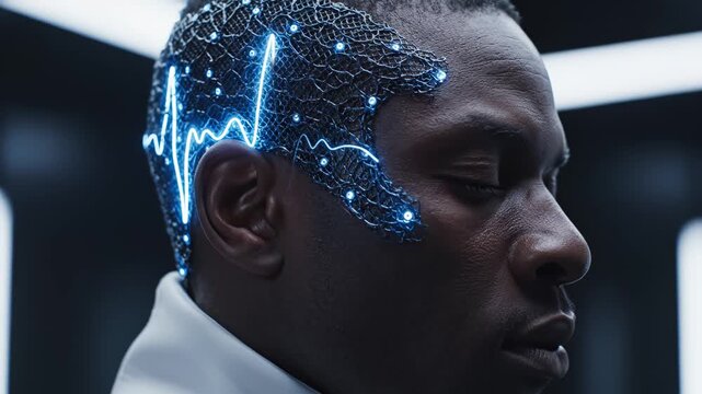 Man with glowing heart rate pattern on head emphasizing sleek aesthetics and strong visual impact