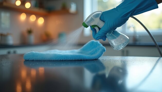 Gloved hand sprays cleaner onto blue cloth on kitchen counter. This action helps sanitize surfaces and maintain household hygiene. Person tidies up modern home.