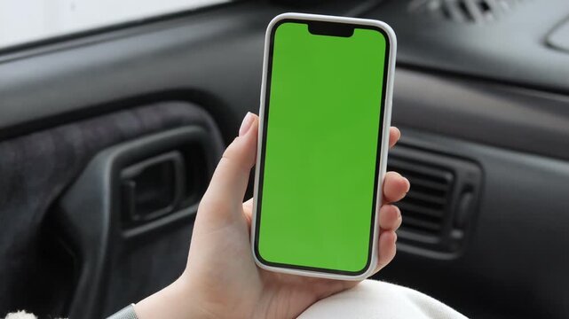 Hand holds smartphone with green screen inside car. Car interior visible in background. Phone held steady, no movement shown. Focus on phone screen for overlay use
