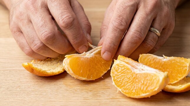 Hands of a person peeling and preparing juicy mandarin orange segments on a natural wooden surface