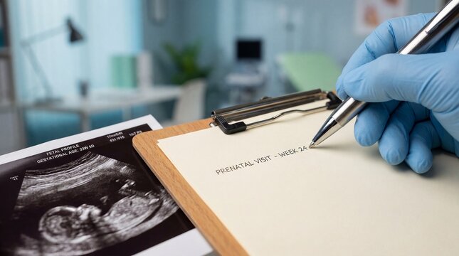 Medical professional writing prenatal visit documentation on a clipboard with a fetal ultrasound image in a clinic