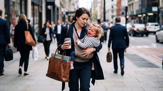 A stressed professional mother carrying a large tote bag and coffee walks down a busy city street, holding a crying toddler in a baby carrier, conveying intense public exhaustion.