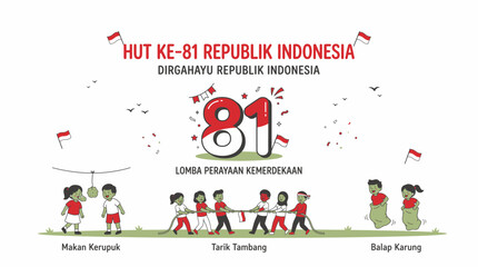 Fototapeta premium Illustration of Indonesian Independence Day 81st anniversary celebration with traditional games like cracker eating, tug-of-war, and sack race featuring cartoon children.