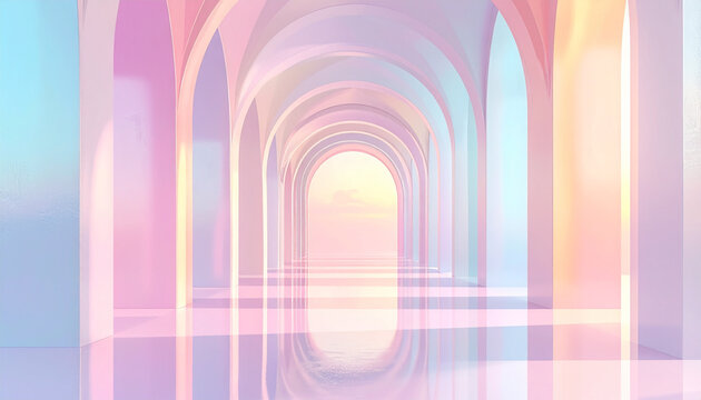 Abstract arched hallway with pastel colors and perspective 3 d render