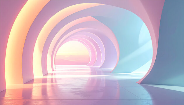 Abstract arched hallway with pastel colors and radiant lighting