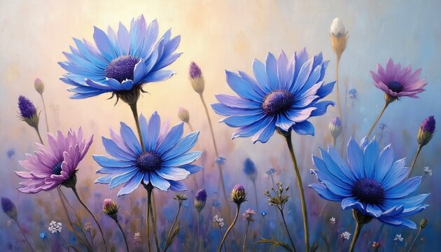 Thick paint impasto painting of purple and blue flowers. Textured brush strokes create 3D effect on flora with vibrant blue and violet petals against soft yellow background.