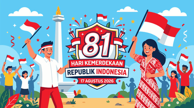 Vibrant illustration of people celebrating the 81st Indonesian Independence Day on August 17, 2026, with flags, confetti, and the Monas monument.
