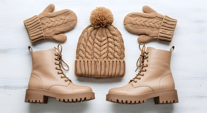 Beige winter fashion accessories flat lay, knitted wool hat and mittens with leather boots, cozy autumn seasonal apparel on white background