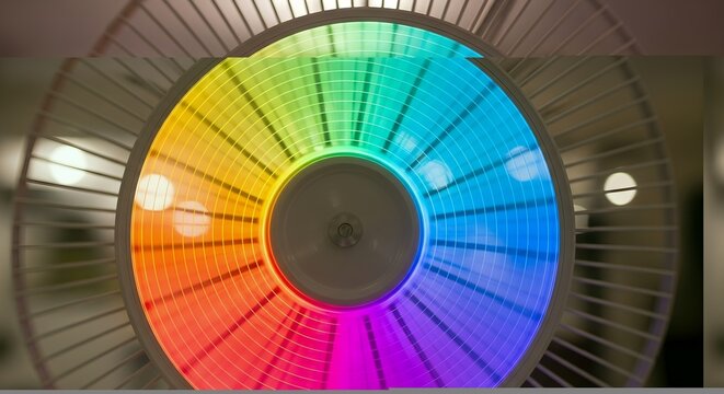 A close-up view of a colorful light projecting geometric patterns on a lamp.