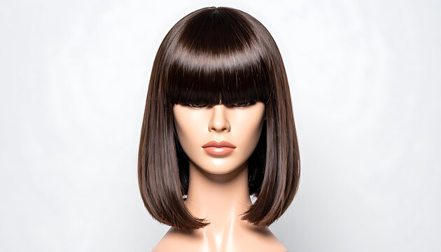 Stylish dark brown bob wig with bangs on mannequin head, studio shot, smooth texture, cosmetic accessory