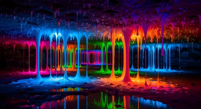 Vibrant neon lights reflect off a dark floor creating a colorful ambiance indoors.