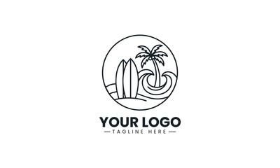 Fototapeta premium A retro surfboard emblem is combined with a curling ocean wave tropical