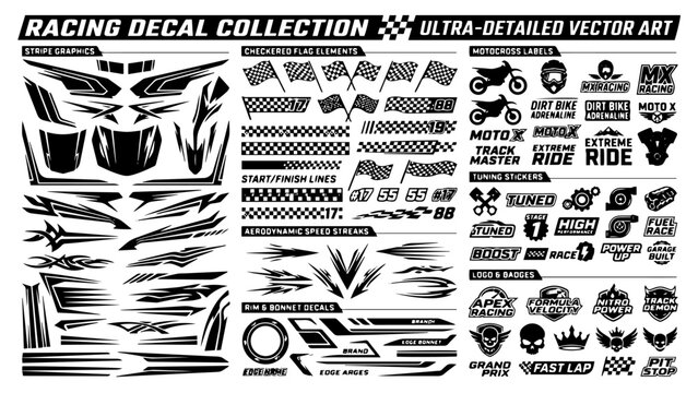 Aggressive Racing Decal Collection with Checkered Flags and Speed Stripe Graphics