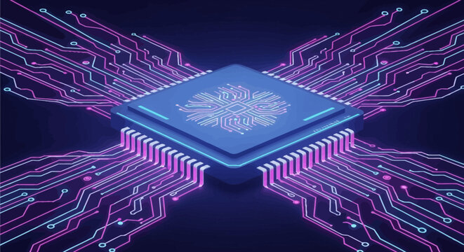 Futuristic 3D isometric illustration of a blue microchip central processing unit with glowing neon pink and cyan circuit board traces radiating outwards on a dark background.