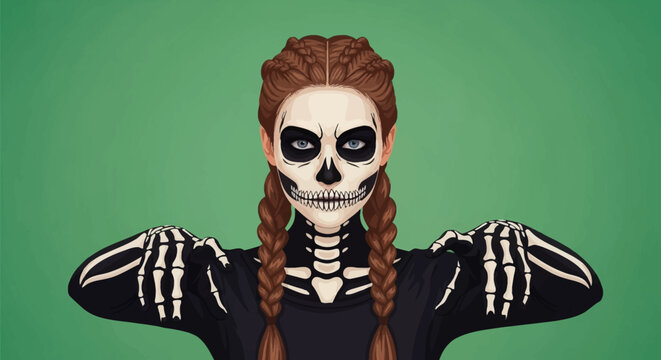 Vector illustration of a woman with detailed skull and skeleton face paint and neck bones, featuring braided auburn hair and skeleton hand gloves against a solid green background.