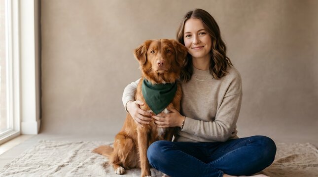 Young woman sits on the floor embracing her adorable Nova Scotia Duck Tolling Retriever dog wearing a bandana