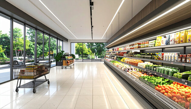 Modern Grocery Store Interior: A bright and clean supermarket aisle filled with fresh produce and packaged goods, featuring large windows overlooking a lush green outdoor scene.