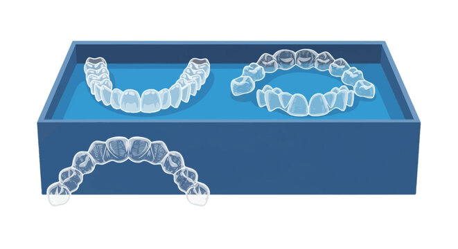 Illustration of transparent plastic orthodontic aligners for teeth straightening, featuring multiple dental trays positioned inside and next to a blue storage box on white.