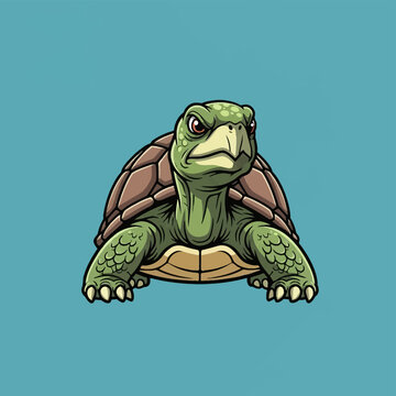 Vector illustration of a grumpy green turtle mascot with an angry facial expression, detailed brown textured shell, scaly legs, and sharp claws against a flat solid blue background.