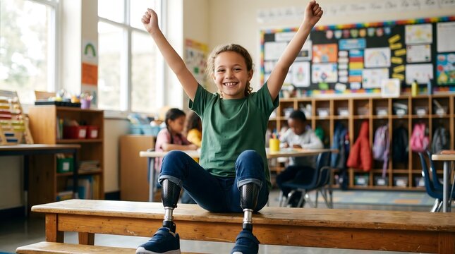 Empowered young student with prosthetic limbs raises arms in cheerful celebration within a vibrant classroom environment, showcasing resilience and joy