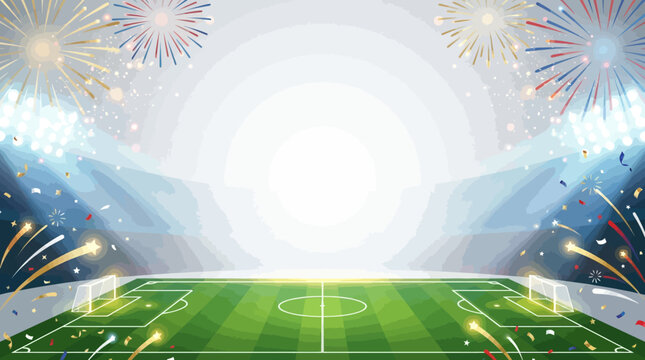 Festive Football Celebration Poster Template Vector with Firework Bursts Stadium Glow and Green Pitch Base