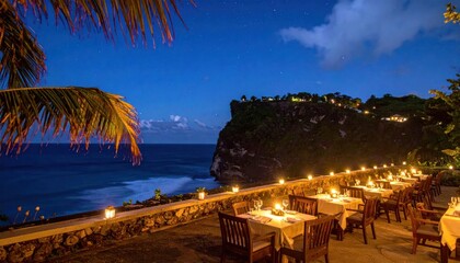 Fototapeta premium Luxury Outdoor Dining by the Ocean at Dusk.