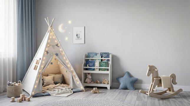 A child's playroom with a tent, toys, and furniture at daytime