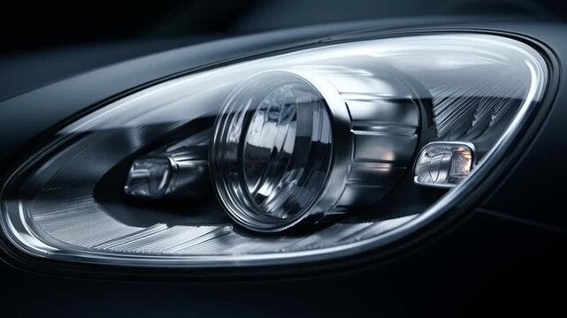Close up shot of modern automotive LED headlight on black luxury car