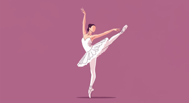 Flat vector illustration of a female ballet dancer wearing a white tutu and pointe shoes, performing a classic dance pose with one leg raised high against a solid mauve background.