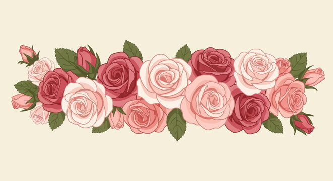 Horizontal vector illustration of pink, coral, and red roses with green leaves arranged in a decorative floral border on a cream background, featuring blooming petals and rosebuds.