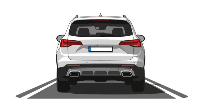 Rear aspect view of a white SUV or crossover vehicle on a road, featuring detailed taillights, bumper, dual exhaust, roof rails, and rear window in a clean vector illustration style.