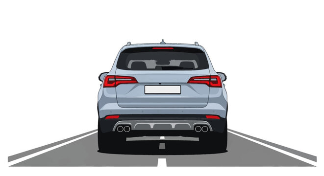 Rear view vector illustration of a modern silver SUV on a highway road, featuring red LED taillights, dual twin exhaust pipes, roof rails, and blank license plate on white background.