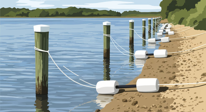 Vector illustration of wooden mooring pilings with white cylindrical buoys connected by ropes along a sandy shoreline next to calm water with a forested background landscape.
