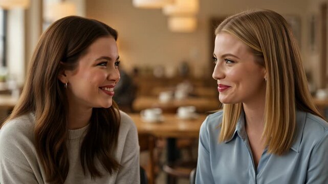 Two Young Women Friends Having a Friendly Conversation in a Cozy Cafe