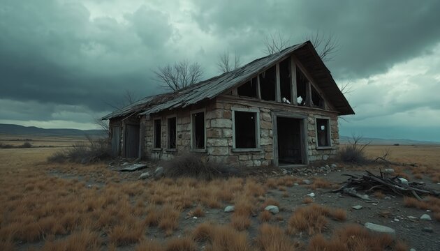 Abandoned stone house stands in dry field under stormy sky. Crumbling roof open windows, weathered facade show decay. Overgrown weeds surround derelict building, evoking isolation and past.