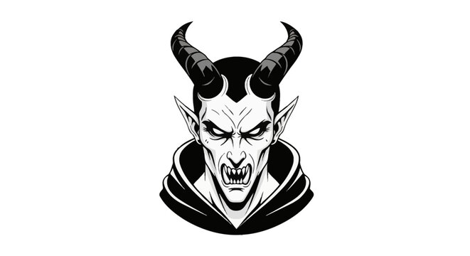 Detailed black and white vector illustration of a demonic male character with large curved horns, pointed ears, sharp fangs, and angry expression, isolated on a white background.