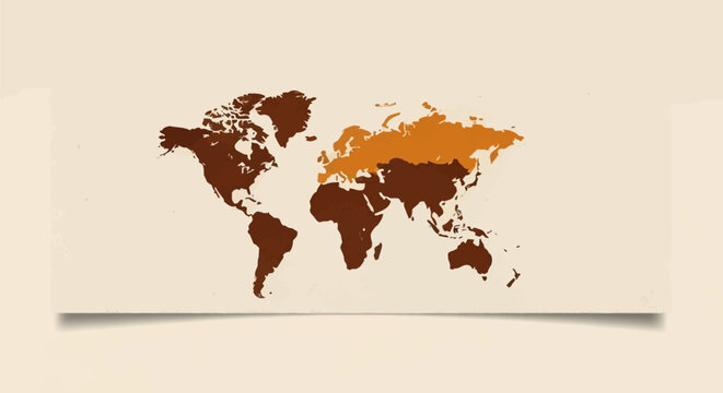 Horizontal vector illustration of a world map in earth tones on a textured canvas background. Continents are depicted in dark brown with northern Eurasia highlighted in orange.
