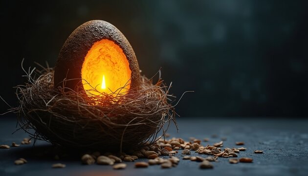 Brown egg with candle inside rests on twig nest. Small stones lie scattered on dark surface. Symbolizes future growth, savings, and pension planning with warm illumination.