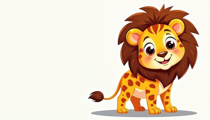 Fototapeta premium Friendly cartoon lion giraffe spots, striped forehead. Adorable character stands on plain background, ideal for kids education jungle themes. Cute playful look invites imagination, fun, perfect for