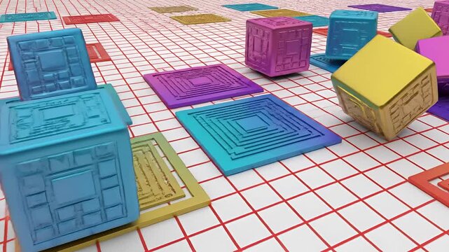 Abstract Colorful Cubes Arranged on Grid Surface.