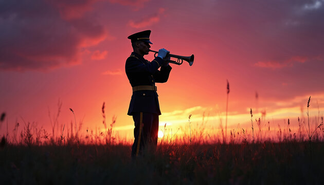 Military bugler in uniform plays trumpet at sunset. Silhouette in field with tall grass evokes patriotism and solemn remembrance. Sky glows with fiery colors.