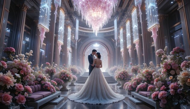 &ldquo;Romantic futuristic wedding under floating crystal lights, elegant cyber fashion, glowing flowers, luxury sci-fi palace, cinematic fantasy realism&rdquo;
