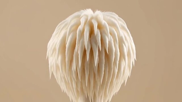 Abstract 3D white furry sphere with soft spikes on beige background